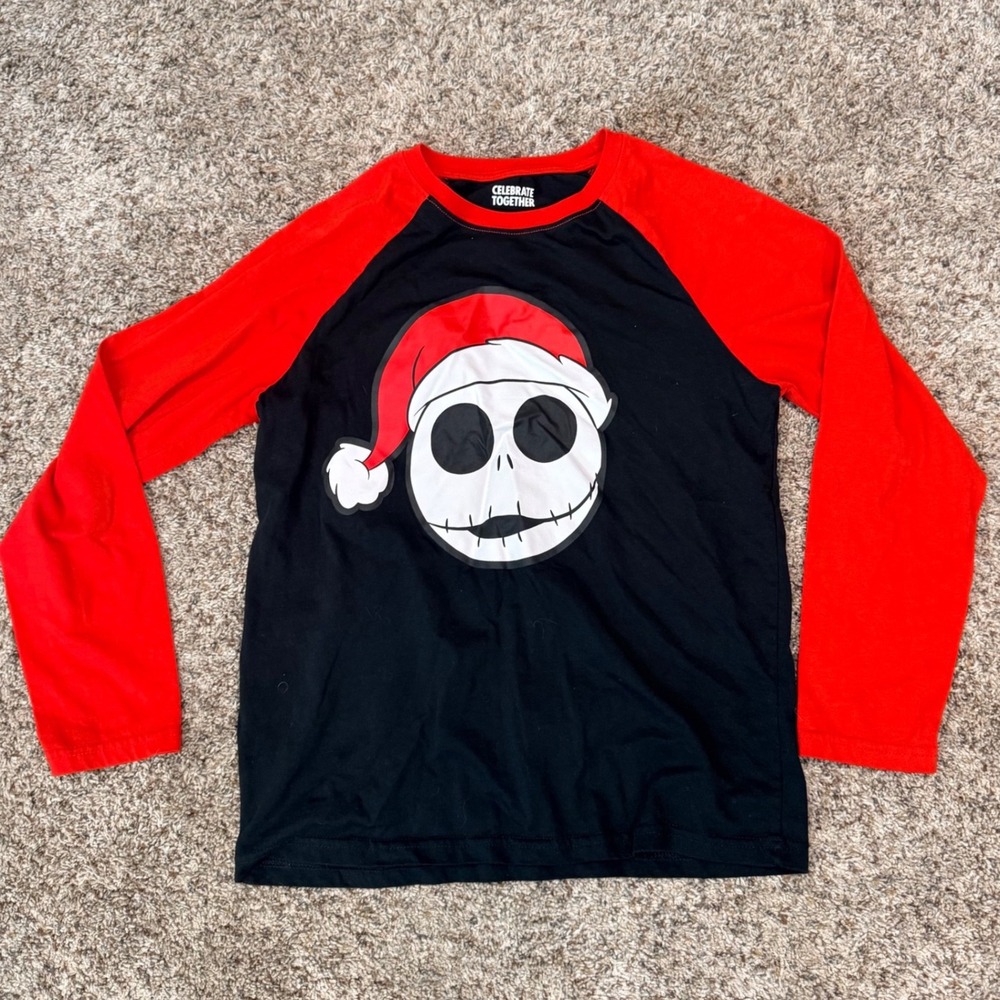Celebrate Together Disney Jack Skellington Santa Hat Raglan Shirt Kids L Black